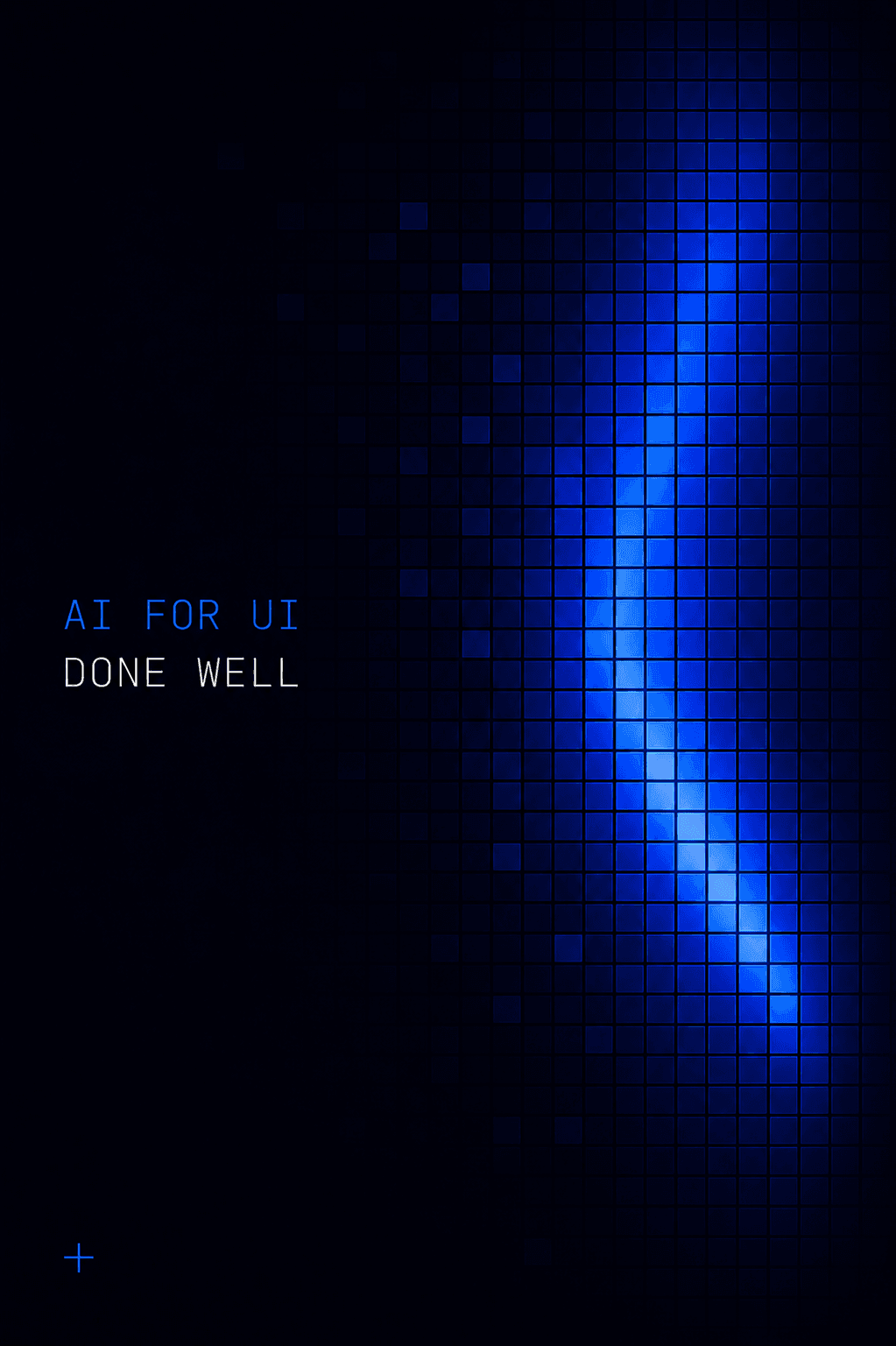 A poster reading “AI for UI, done well”: a mosaic of small square tiles lit blue in a winding vertical band